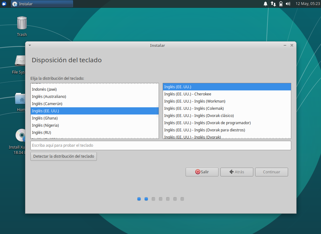 Instalacion de xubuntu 18.04 - seleccion idioma del teclado