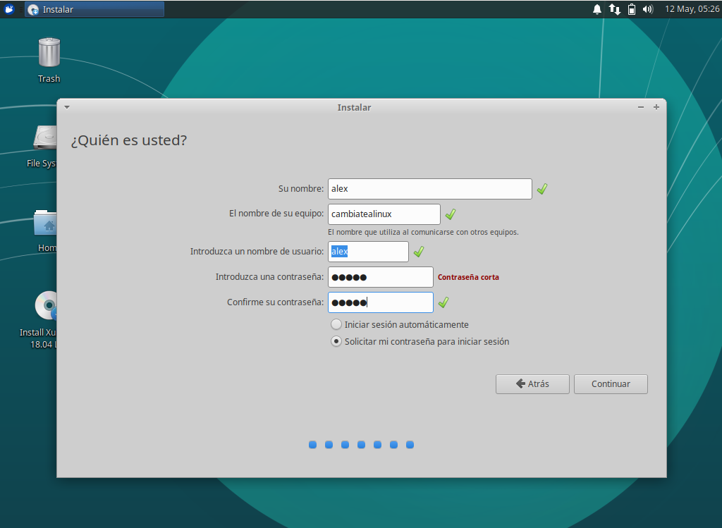 Instalacion de xubuntu 18.04 - datos de usuario