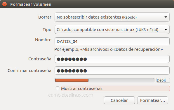 Formatear disco en Ubuntu con cifrado Formatear disco en Ubuntu con cifrado