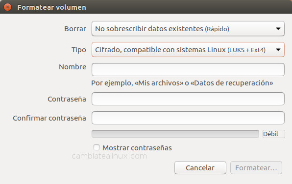 Formatear disco en Ubuntu con cifrado Formatear disco en Ubuntu con cifrado