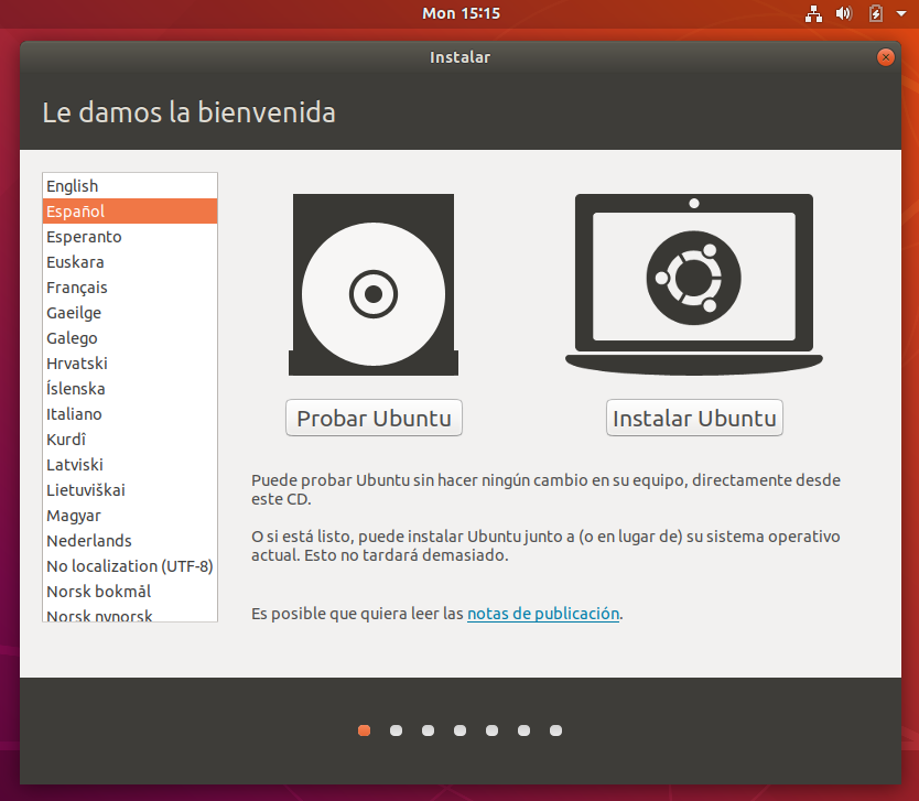 Instalacion de ubuntu 18.04 - seleccion del idioma de instalacion Instalacion de ubuntu 18.04 - seleccion idioma