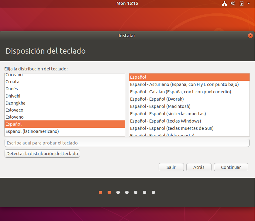 Instalacion de ubuntu 18.04 - seleccion idioma del teclado