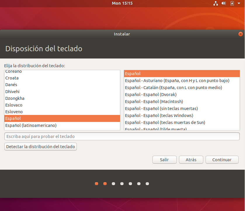 Instalacion de ubuntu 18.04 - seleccion del idioma del teclado Instalacion de ubuntu 18.04 - seleccion idioma del teclado