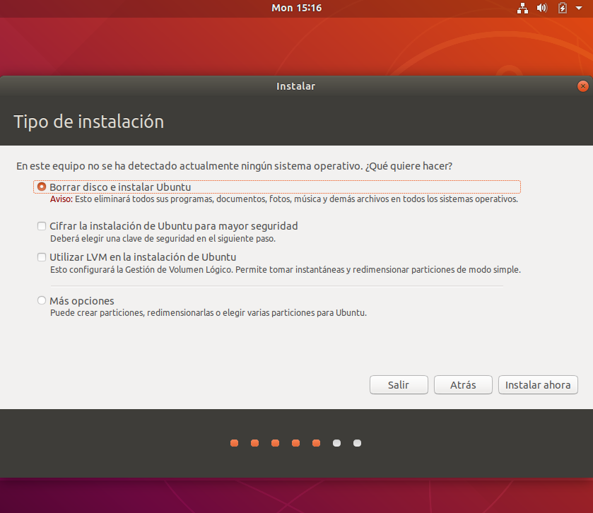 Instalacion de ubuntu 18.04 - seleccion de particion Instalacion de ubuntu 18.04 - seleccion particion de instalacion