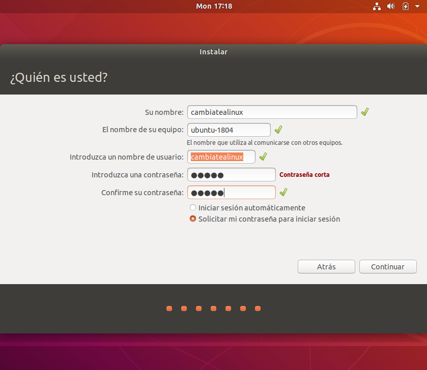 Instalacion de ubuntu 18.04 - datos de usuario Instalacion de ubuntu 18.04 - datos de usuario