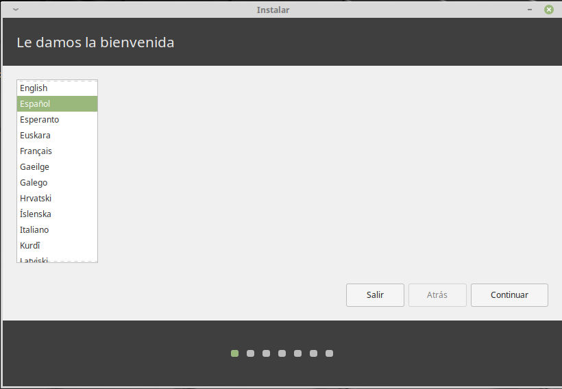 Instalacion de Linux Mint 19.1 XFCE - seleccion del idioma de instalacion Instalacion de Linux Mint 19.1 XFCE - seleccion idioma