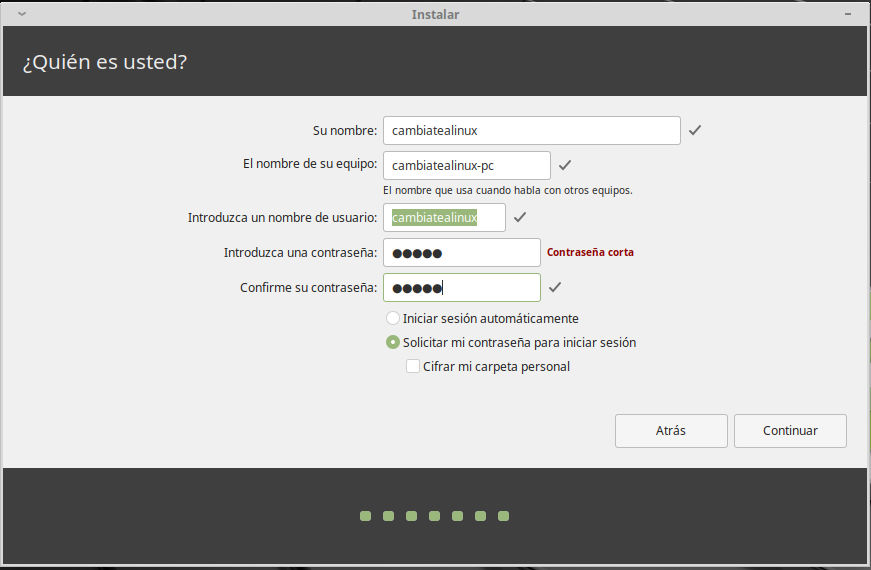 Instalacion de Linux Mint 19.1 XFCE -  Datos personales