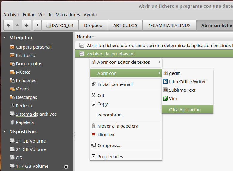 Menu boton derecho de un fichero Menu boton derecho de un fichero
