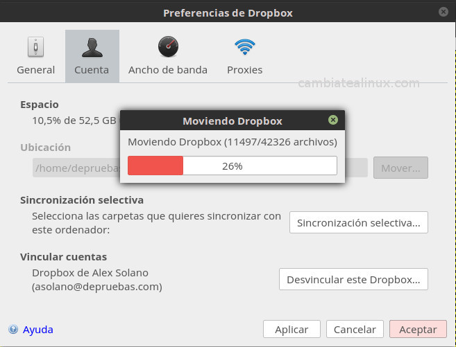 Ventana de preferencias de dropbox