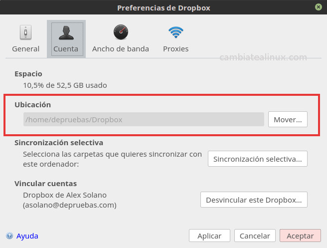 Ventana de preferencias de dropbox