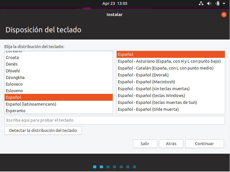 Instalacion de ubuntu 19.04 - seleccion del idioma del teclado Instalacion de ubuntu 19.04 - seleccion idioma del teclado