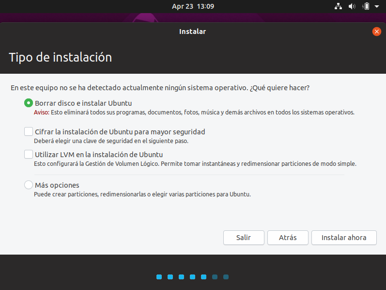Instalacion de ubuntu 19.04 - seleccion de particion Instalacion de ubuntu 19.04 - seleccion particion de instalacion