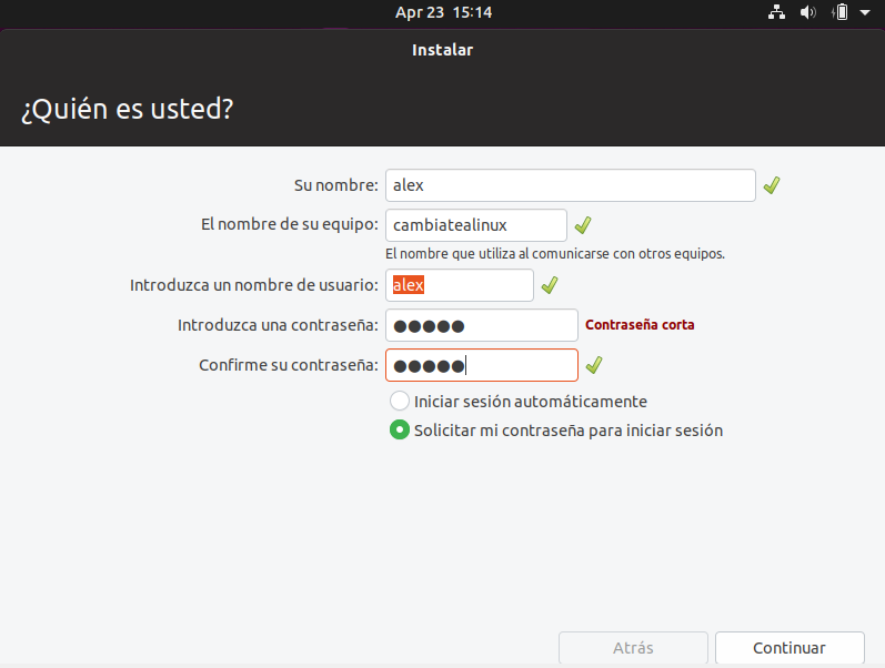Instalacion de ubuntu 19.04 - datos de usuario Instalacion de ubuntu 19.04 - datos de usuario