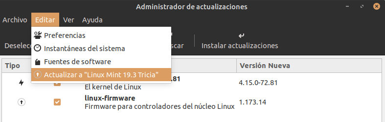 Administrador de actualizaciones - menu actualizar