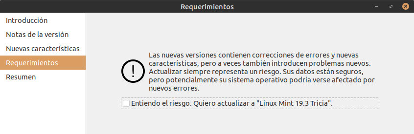 Asistente a la actualizacion de Linux Mint Asistente a la actualizacion de Linux Mint - Resumen y aceptamos