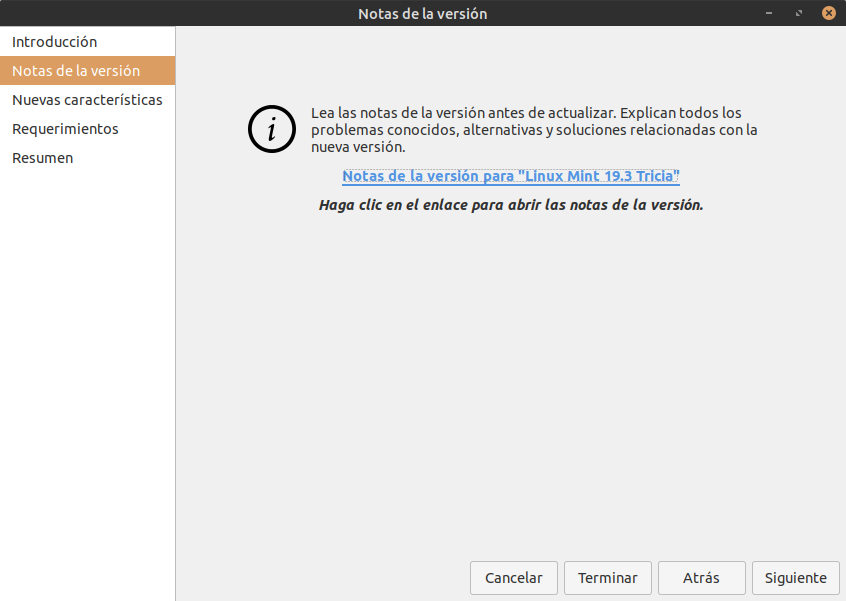 Asistente a la actualizacion de Linux Mint Asistente a la actualizacion de Linux Mint - Notas de la version