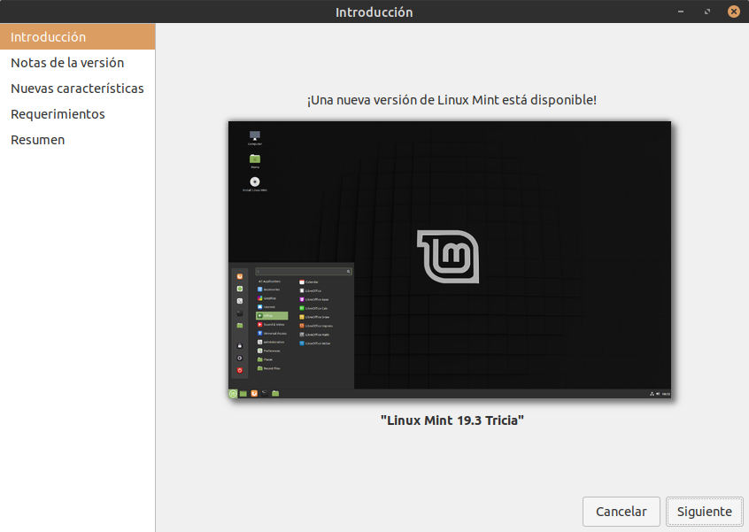 Asistente a la actualizacion de Linux Mint - introduccion