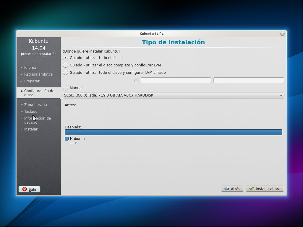 Instalación Kubuntu 14.04 - selecccion de disco