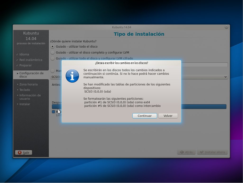 Instalación Kubuntu 14.04 - selecccion de disco