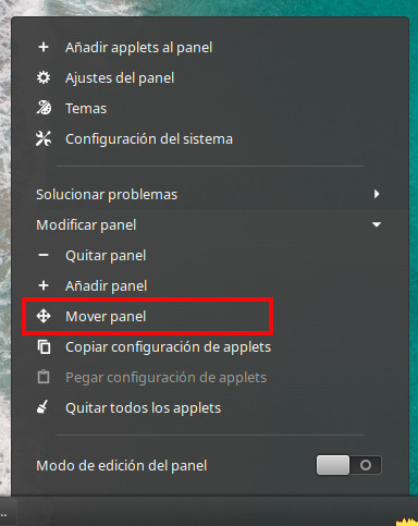 Menu opciones panel cinnamon Menu opciones panel cinnamon