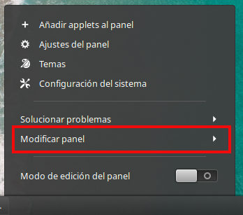 Menu opciones panel cinnamon