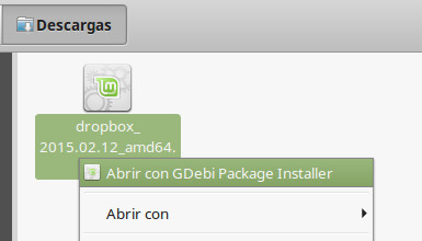 Instalacion del paquete de dropbox .deb