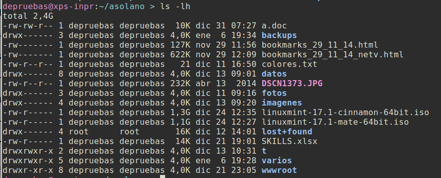 listar mostrando tamaños en bytes