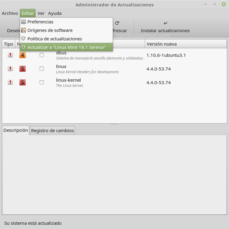 Menu de actualizar a linux mint 18.1