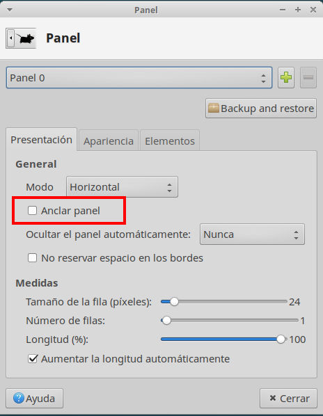 Configuración del panel Configuración del panel