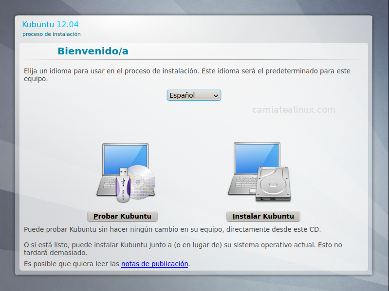Pantalla de seleccion para instalar kubuntu o probarlo Pantalla de seleccion para instalar kubuntu o probarlo