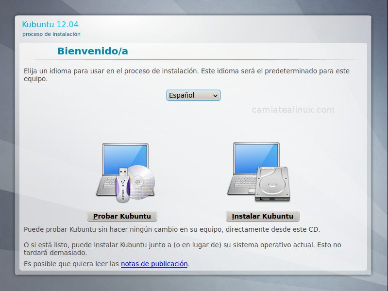 Pantalla de seleccion para instalar kubuntu o probarlo