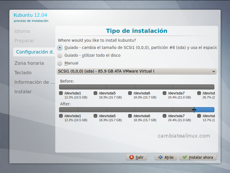 Seleccionamos el tipo de instalación en disco Seleccionamos el tipo de instalación en disco
