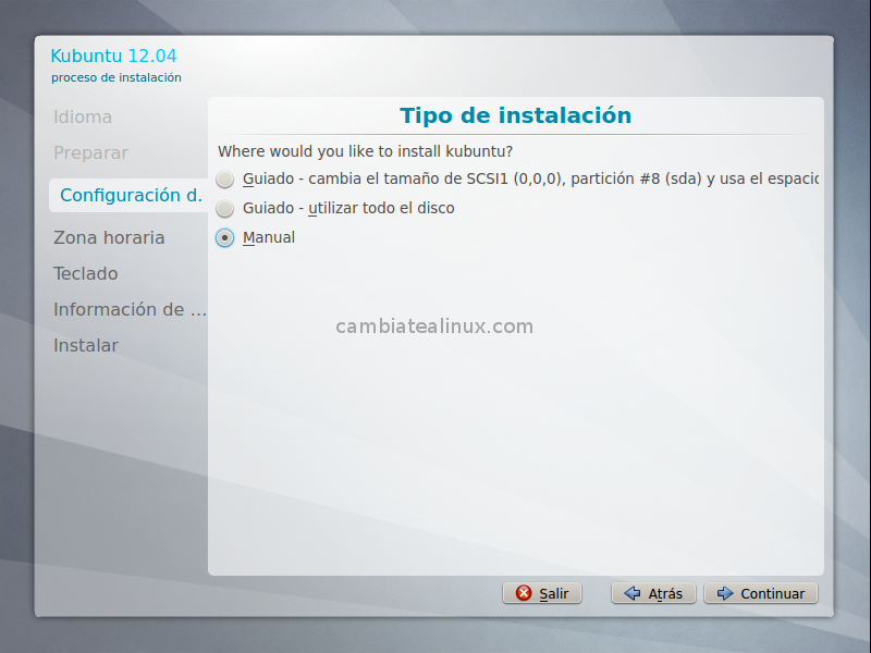 Seleccionamos el tipo de instalación en disco, opción manual Seleccionamos el tipo de instalación en disco, opción manual