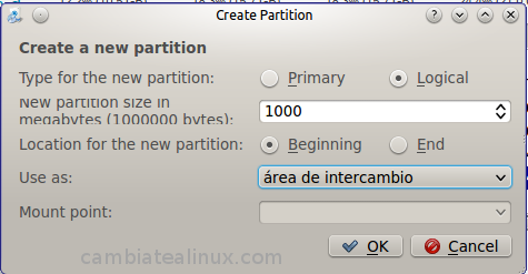 Definimos el tamaño de la partición de swap (area de intercambio) Definimos el tamaño de la partición de swap (area de intercambio)